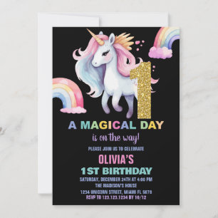 1st Rainbow Unicorn Birthday Invitations Glitter