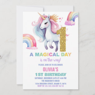 1st Rainbow Unicorn Birthday Invitations Glitter