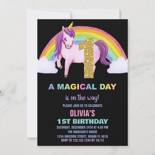 1st Rainbow Unicorn Birthday Invitations Glitter (Front)