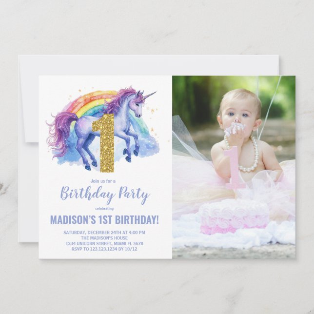 1st Rainbow Unicorn Birthday Invitations photo (Front)