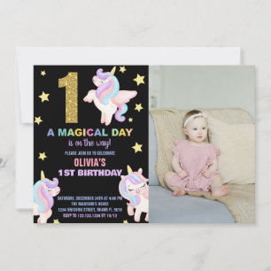 1st Rainbow Unicorn Birthday Invitations w photo