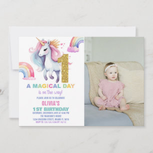 1st Rainbow Unicorn Birthday Invitations w photo