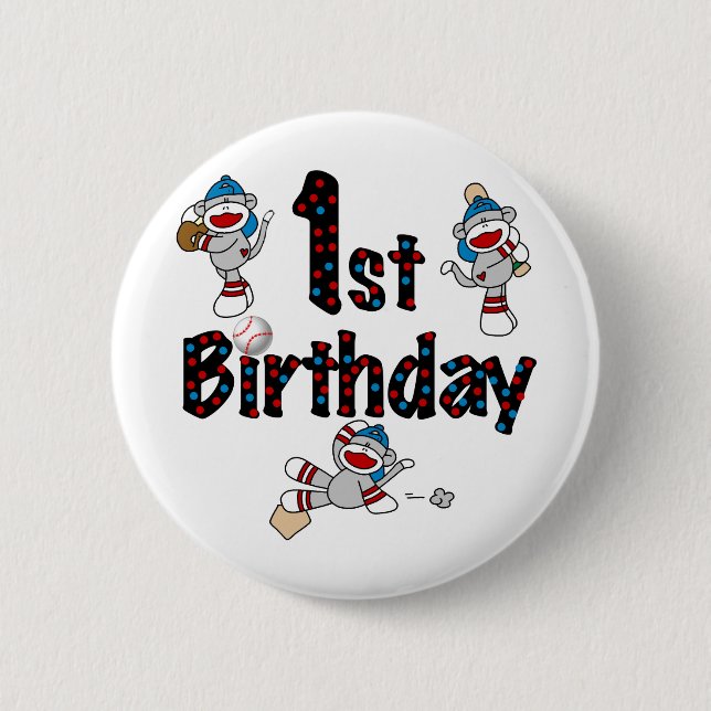 1st Sock Monkey Baseball Birthday 6 Cm Round Badge (Front)
