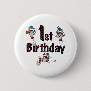 1st Sock Monkey Baseball Birthday 6 Cm Round Badge