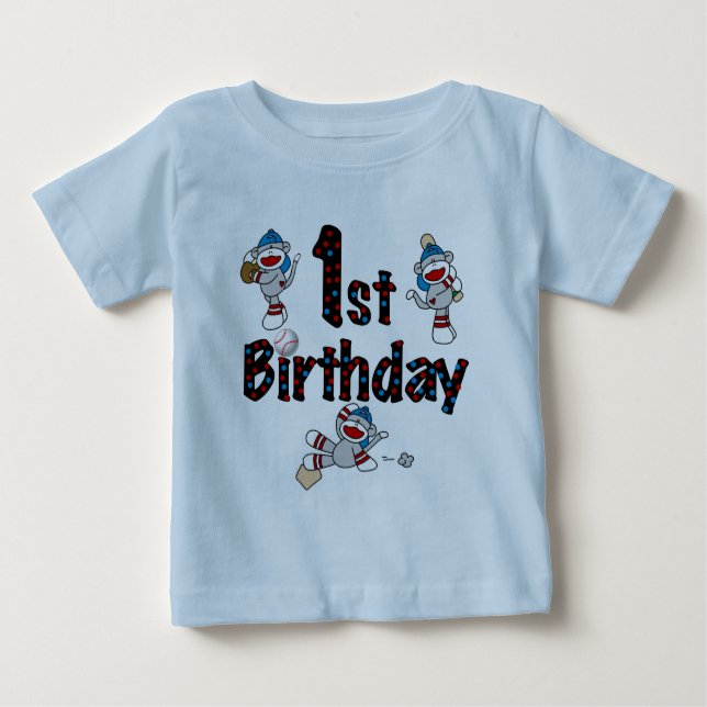 1st Sock Monkey Baseball Birthday Baby T-Shirt (Front)