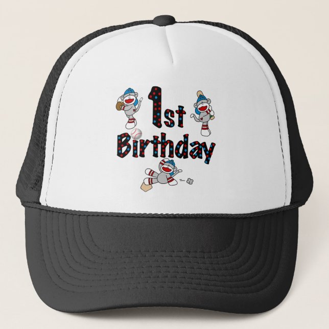 1st Sock Monkey Baseball Birthday Trucker Hat (Front)