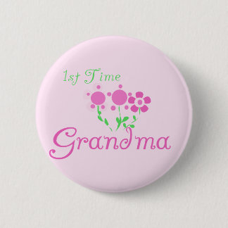 1st  Time Grandma-Pink Flowers 6 Cm Round Badge