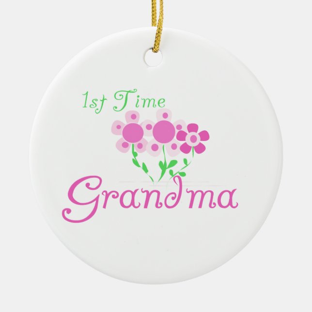 1st Time Grandma Pink Flowers Gifts Ceramic Tree Decoration (Front)