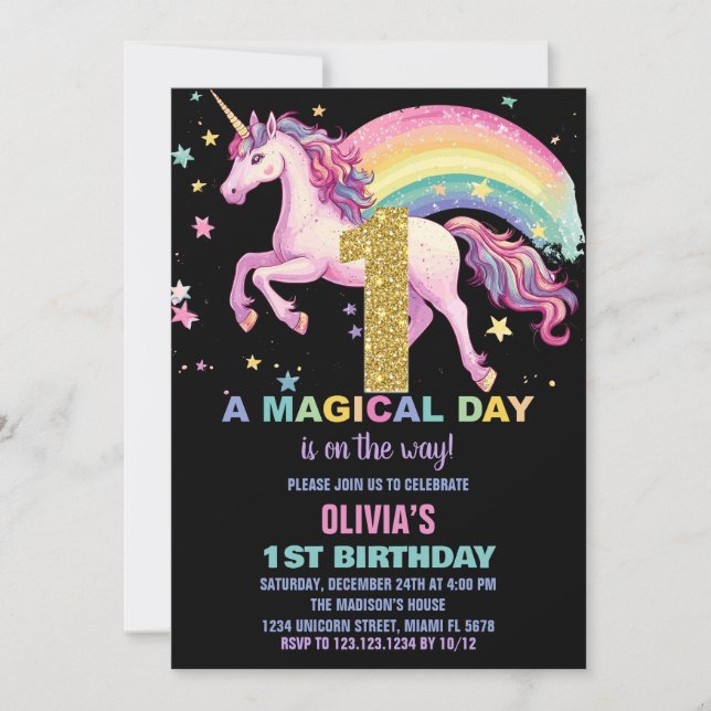 1st Unicorn Birthday Invitations Black (Front)