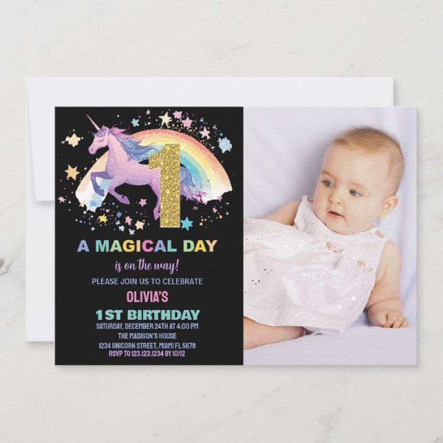 1st Unicorn Birthday Invitations with photo (Front)