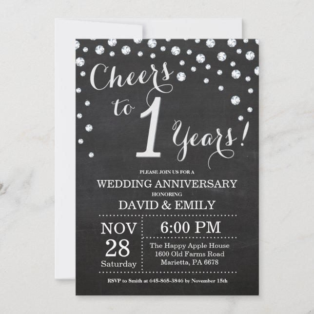 1st Wedding Anniversary Chalkboard Black Silver Invitation (Front)