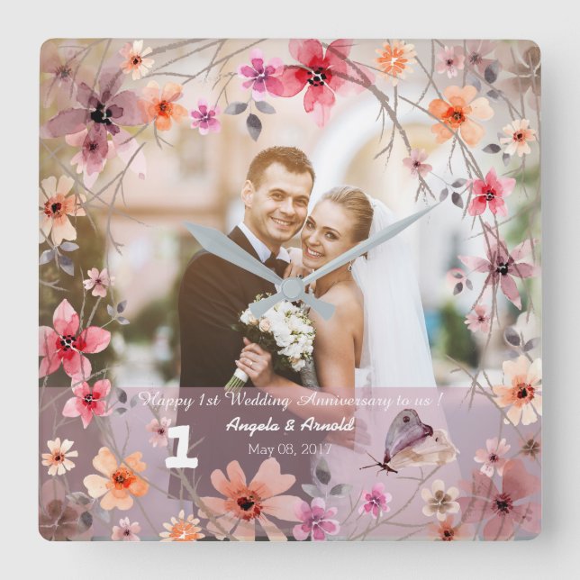 1st Wedding Anniversary Decorative Flowers Clock (Front)