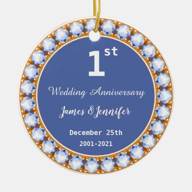1st Wedding Anniversary diamond Custom Names Ceramic Tree Decoration (Front)