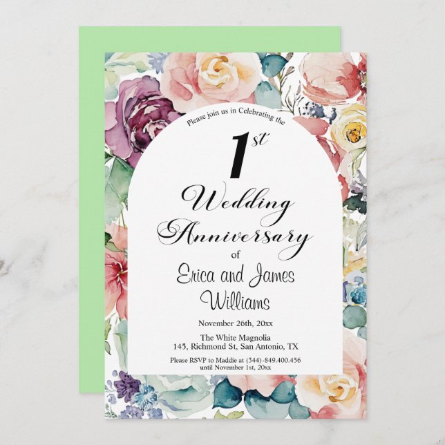1st Wedding Anniversary Elegant Script Floral Invitation (Front/Back)