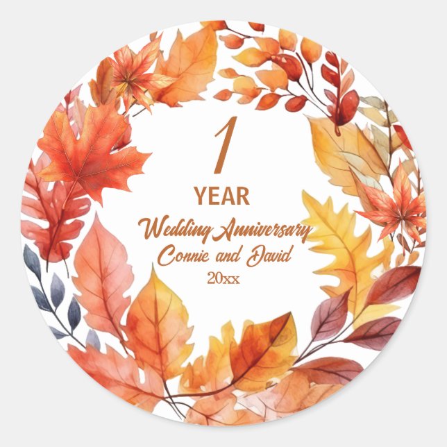 1st Wedding Anniversary Fall Floral  Classic Round Sticker (Front)