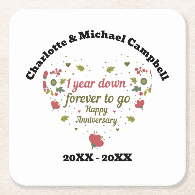 1st Wedding Anniversary Gift Personalised  Square Paper Coaster (Front)