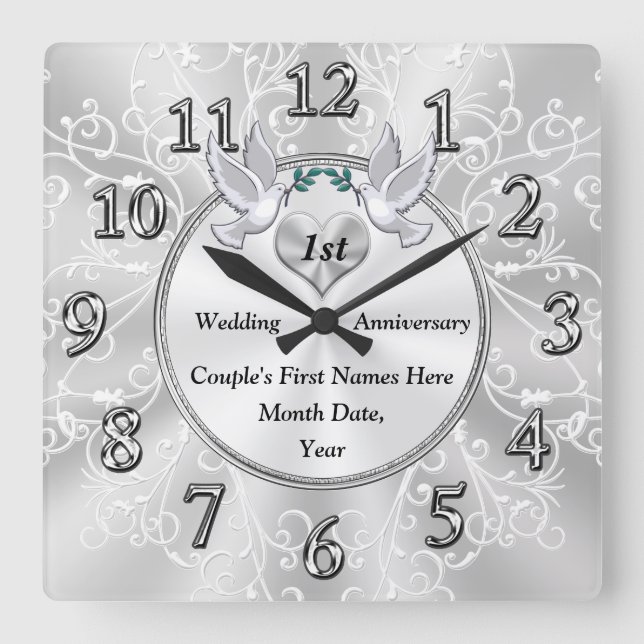 1st Wedding Anniversary Gift, Personalised Square Wall Clock (Front)