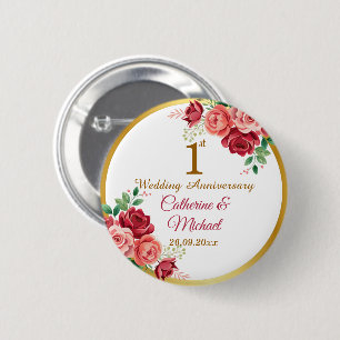 1st Wedding Anniversary Gold Frame Floral 6 Cm Round Badge