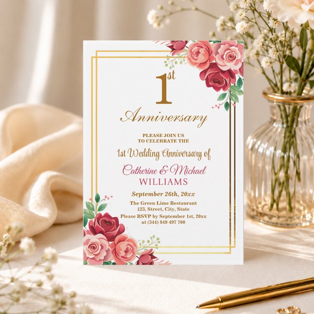 1st Wedding Anniversary Gold Frame Floral Invitation (Creator Uploaded)
