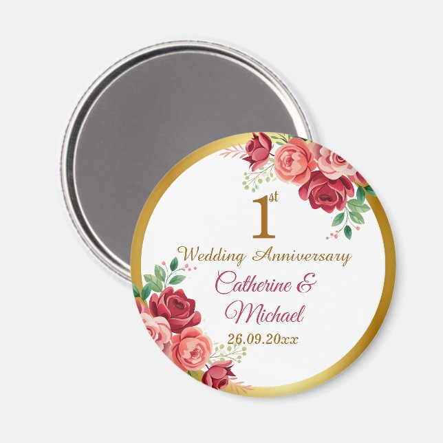 1st Wedding Anniversary Gold Frame Floral Magnet (Front/Back)