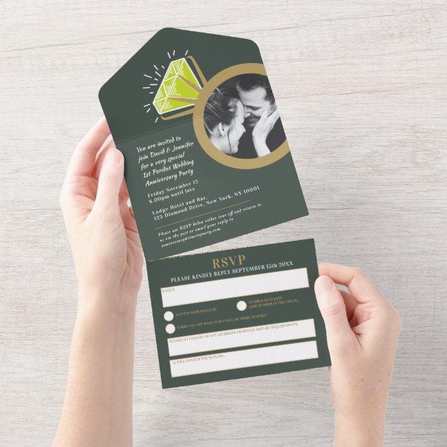1st wedding anniversary party green peridot ring  all in one invitation (Tearaway)