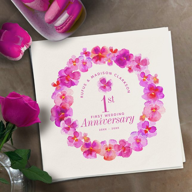 1st wedding anniversary party pink pansy  napkin (Creator Uploaded)