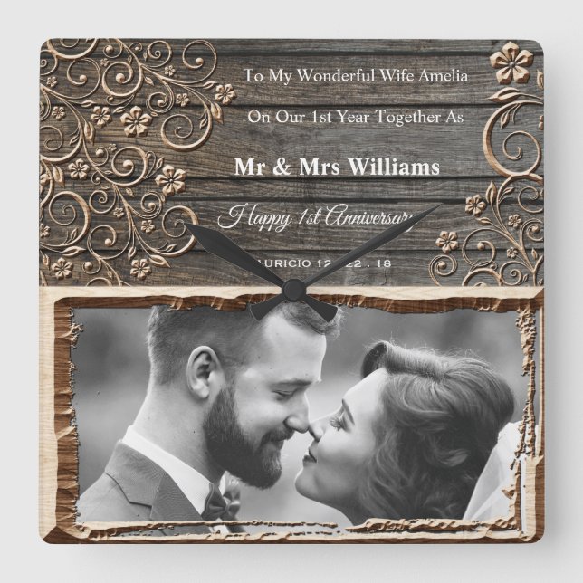 1st wedding anniversary wooden photo frame clock (Front)