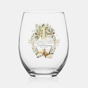1st Wedding Paper Anniversary Floral Couple Cranes Stemless Wine Glass