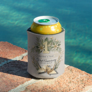1st Wedding Paper Anniversary Floral Rustic Photo Can Cooler