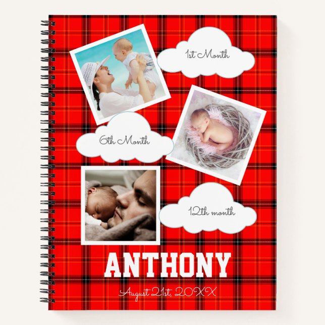 1st Year Baby Milestone Red Tartan Photo Album Notebook (Front)