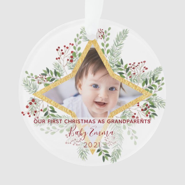 1st Year Grandparents Gold and Floral Christmas Ornament (Front)