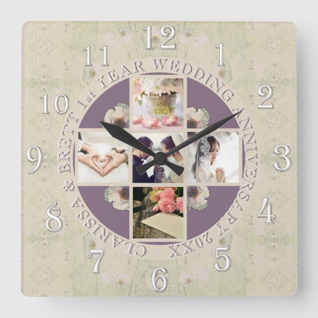 1st year Wedding Anniversary 5 photos Medalion Square Wall Clock (Front)