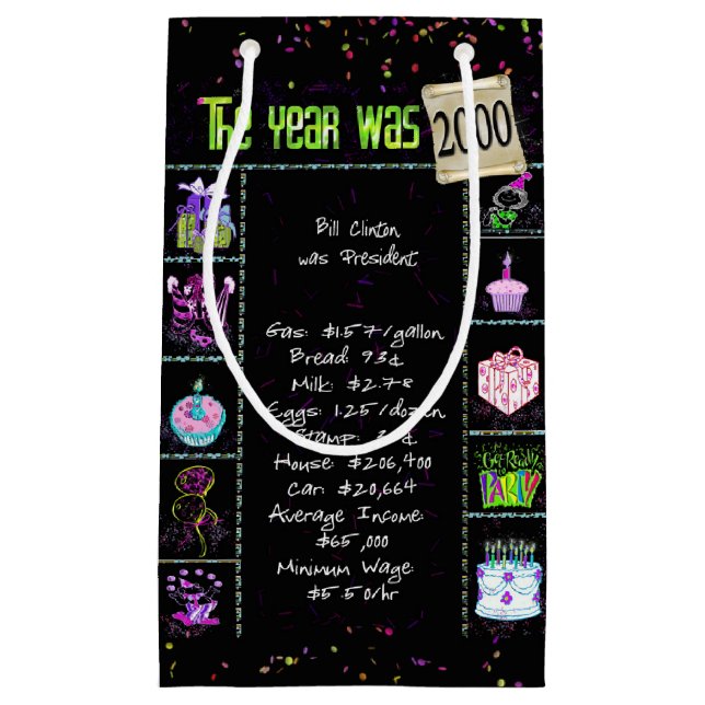 2000 Birth Year Trivia on Black Small Gift Bag (Front)