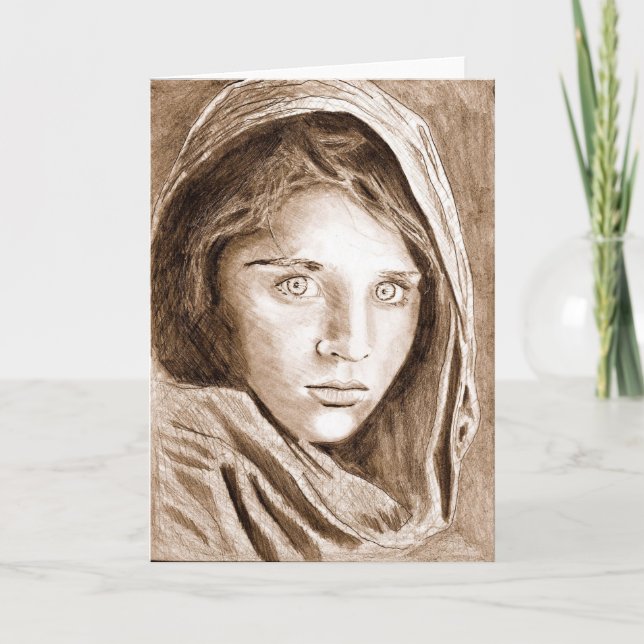 2004 Pencil Drawing Afghan Refugee Girl sepia Card (Front)
