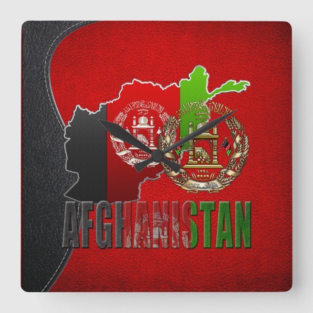 [200] Afghanistan: COA, Flag & Map Square Wall Clock (Front)