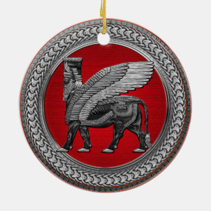 [200] Assyrian Winged Bull: Silver & Black Lamassu Ceramic Tree Decoration