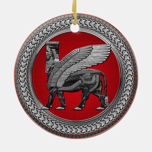 [200] Assyrian Winged Bull: Silver & Black Lamassu Ceramic Tree Decoration (Back)