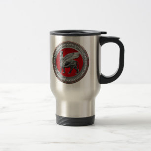 [200] Assyrian Winged Bull: Silver & Black Lamassu Travel Mug