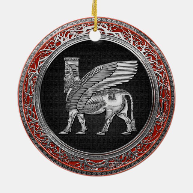 [200] Assyrian Winged Bull - Silver Lamassu Ceramic Tree Decoration (Back)