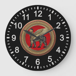 [200] Assyrian Winged Lion: Gold & Black Lamassu Large Clock