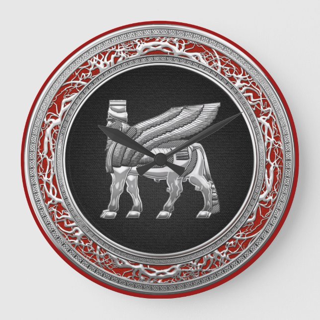 [200] Babylonian Winged Bull [Silver] [3D] Large Clock (Front)