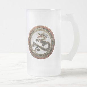 [200] Black and Gold Sacred Eastern Dragon Frosted Glass Beer Mug