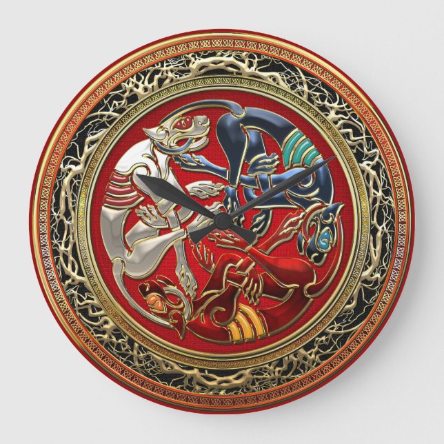 [200] Celtic Treasures - Three Dogs on Gold Large Clock (Front)