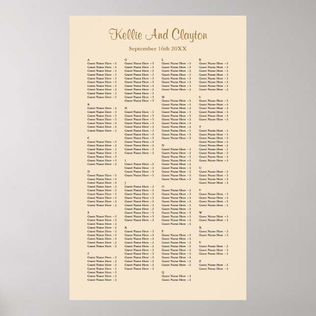 200 Champagne Simple Wedding Seating Chart (Front)