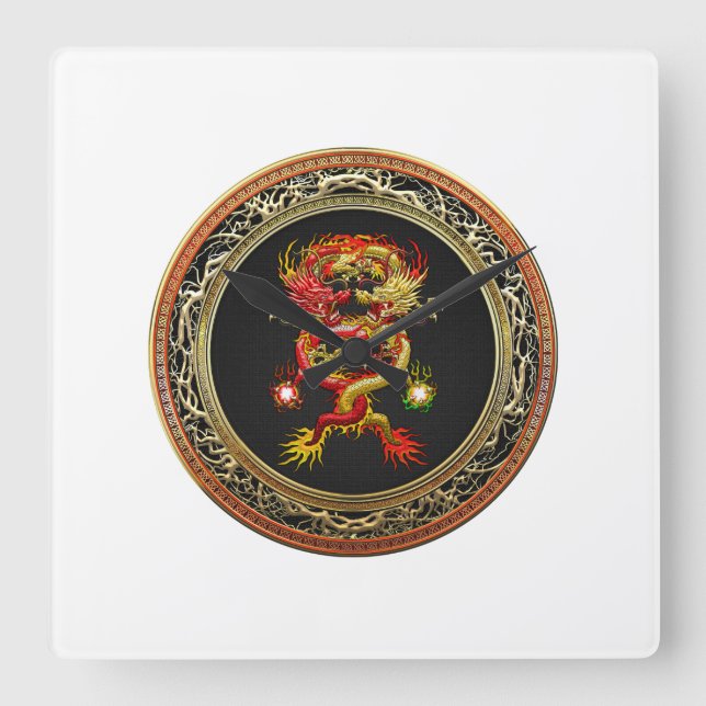 [200] Red and Yellow Dragons Square Wall Clock (Front)