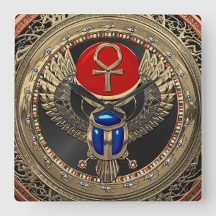 [200] Sacred Gold Egyptian Winged Scarab with Ankh Square Wall Clock