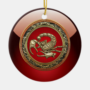 [200] Sacred Golden Scorpion on Red Ceramic Tree Decoration