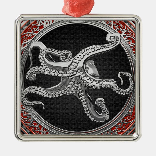 [200] Sacred Silver Octopus in Defensive Posture Metal Tree Decoration (Front)