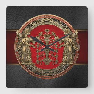 [200] Two Gold Ninurtas with Tree of Life Square Wall Clock