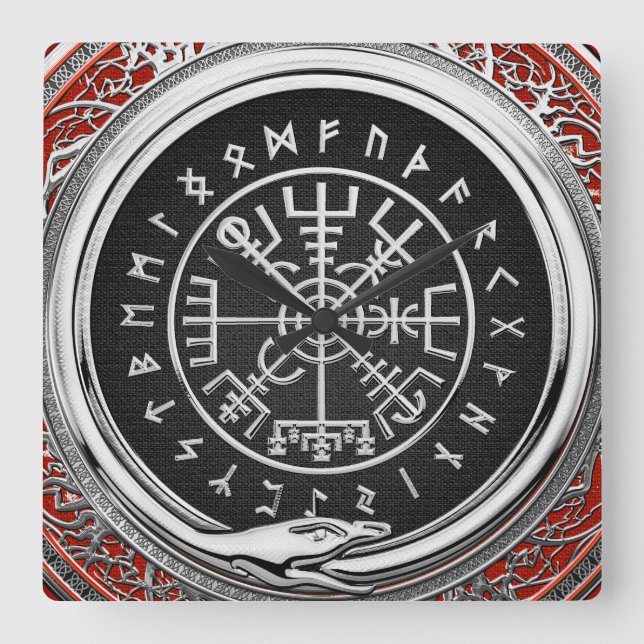 [200] Vegvisir - Viking Silver Magic Runic Compass Square Wall Clock (Front)
